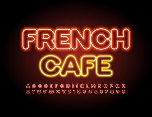 Vector bright logo French Cafe. Glowing Neon Alphabet Letters and Numbers. Modern Illuminated Font