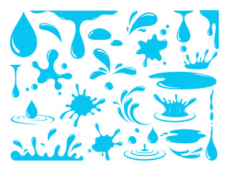 Water or oil drops. Vector icon set of сurrent drops, waves, tears, spray, nature splashes isolated on white background. Dripping liquid. Water spill. Aqua drop element. Raindrop and sweat drops.