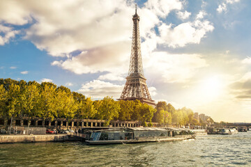 Eiffel Tower in the rays of the autumn sun. Paris in France