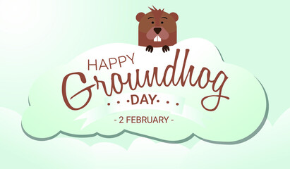 Fototapeta na wymiar Happy Groundhog Day. Hand drawn lettering text with cute groundhog. 2 February. Vector illustration. Script. Calligraphic design for print greetings card, banner, poster. Colorful