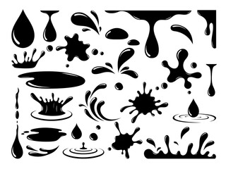 Vector oil drops. Dripping machine oil, liquid, paint, splash ink, stain, spill, current drop and splash isolated on white background. Silhouette black drop icons set. Flat design. 