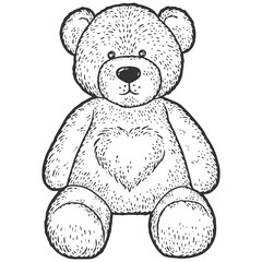 Teddy bear with heart. Engraving vector illustration.