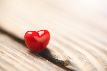 Fototapeta premium Valentines Day background with hearts. Red heart on old wood. Holidays card with copy space