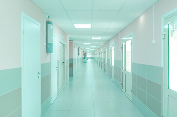 sterile hospital corridor general view, perspective. selective focus