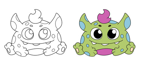 Cute Little Monster color and bw illustration vector EPS10