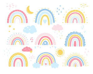 Vector baby cute rainbow in cartoon scandinavian style. Hand drawn rainbow icons for kids posters, wrapping, textile, wallpaper, prints, fabric. Rainbow set with clouds, stars, sunshine, drops, heart.