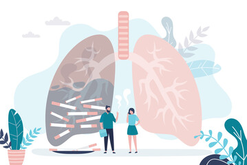 Man and woman smoking cigarettes. Healthy and unhealthy lung on background. Sick lung filled with smoke and cigarettes