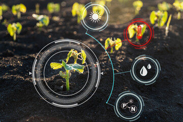 Smart farm technology for detection and control system of Plant sprout growing with ed alert icon of high temperature.