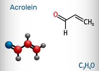 Acrolein, propenal, unsaturated aldehyde molecule. It is used as a pesticide and to make other chemicals. Structural chemical formula and molecule model.