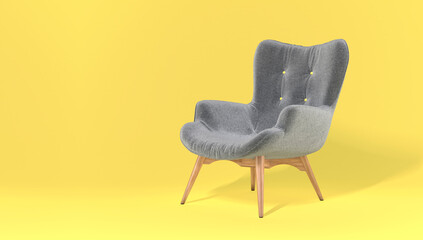 Comfortable fashionable gray designer armchair on yellow background. Trendy colors of the year...