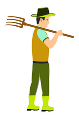 Farmer wearing ready hat on his shoulder with agricultural tool. Flat vector farmer concept