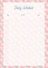 Daily Schedule. Notebook page on a background of a cute strawberry pattern. Vector 10 ESP.