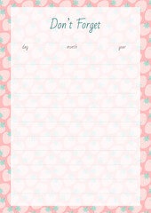 Don't Forget. Notebook page on a background of a cute strawberry pattern. Vector 10 ESP.