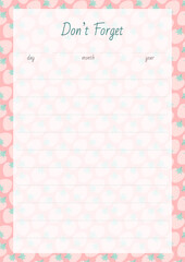 Don't Forget. Notebook page on a background of a cute strawberry pattern. Vector 10 ESP.