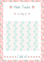 100 days of... Habit Tracker. Notebook page on a background of a cute strawberry pattern. Vector 10 ESP.