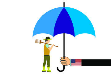 A farmer under a blue umbrella vector flat illustration. A hand of state holding a blue umbrella to supports farmers. US government protection concept for farmers 