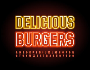 Fototapeta na wymiar Vector bright banner Delicious Burgers. Red Neon Alphabet Letters and Numbers set. Glowing led Font