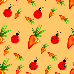Carrots and ladybugs on an orange background. Seamless natural pattern. Healthy food and ecology. Vector on the theme take care of nature.