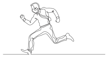 Fototapeta na wymiar continuous line drawing of business situation - businessman wearing face mask running fast