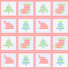 Merry Christmas and Happy New Year. Background. Seamless knitted pattern with Christmas items - Santa hat, socks, Christmas tree, bell. Vector.