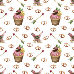 Watercolor seamless pattern on Valentine's day. Cute pattern for gift, postcard, digital paper
