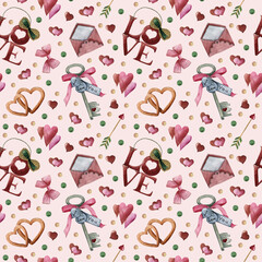 Watercolor seamless pattern on Valentine's day. Cute pattern for gift, postcard, digital paper