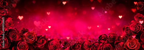 Valentines Card - Red Roses In Frame On Shiny Glitter Background