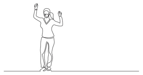 continuous line drawing of cheering woman holding fists wearing face mask