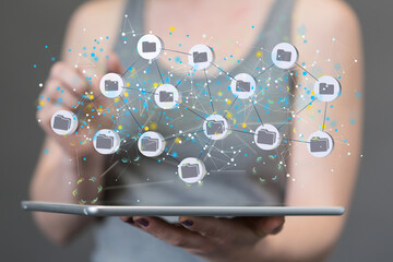 Augmented Analytics Data cloud storage network from lines, triangles and particle style design. Illustration
