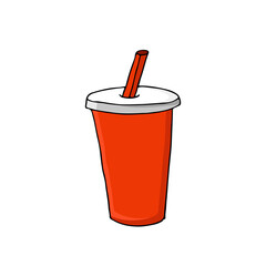 Colorful doodle illustration of soda beverage isolated on white. Colorful flat paper cup with drinking straw illustration. Colorful soda beverage icon