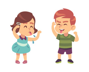 Boy and girl teasing each other. Naughty preschooler show tongue, happy children funny games, bad manners kids conflict on playground or kindergarten vector isolated illustration
