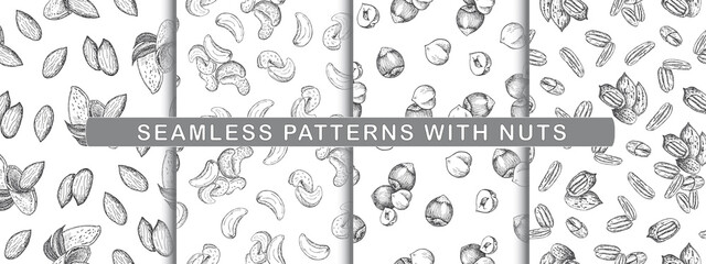 Set of seamless pattern with nuts. Line art style.