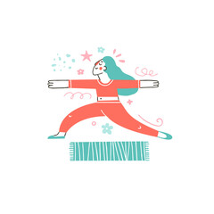 Yoga class concept. Female in a yoga pose. Vector illustration of a woman doing her workout in a flat style. A young girl wearing sportswear and yoga pants and doing her morning beauty routine