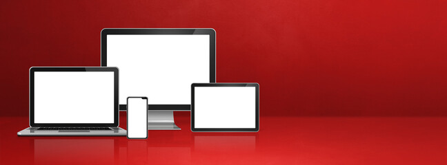 computer, laptop, mobile phone and digital tablet pc. red banner