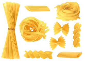 Italian pasta types. Realistic 3d dry spaghetti, penne, and homemade tagliatelle, organic farfalle and wheat fusilli. Culinary products collection, cooking ingredient vector isolated set