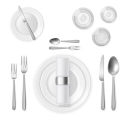 Table setting top view. Realistic 3d silver cutlery and white plates, restaurant banquet service, silverware positions, full dinner serving. Vector realistic isolated illustration