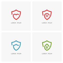 Protection outline logo set. Shield, heart, address pointer and green leaf symbol - health care and medicine, charity and social work, love and safety, security and defense, ecology and nature icons.
