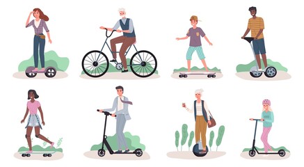 Fototapeta na wymiar People riding ecology transport. Men and women drive personal street transportation, mobile electric movement. Characters riding scooter and skateboard, hoverboard and bike vector set