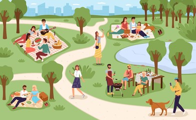 Park picnic. Family rest in city park, people eat and drink in nature together, communicate with friends, summer outdoor relax, bbq party on weekend. Vector colorful cartoon concept