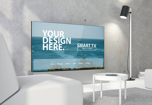 Large Smart Tv Mockup On Floor In Modern Interior With Lamp