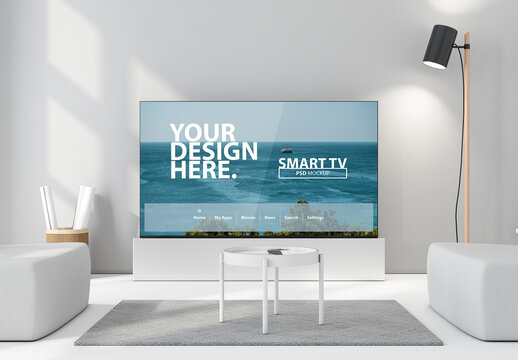 Large Smart Tv Mockup on Floor in Modern Interior with Lamp