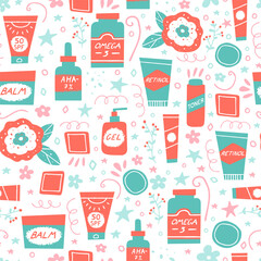 Acne skin concept. Skincare and cosmetics seamless pattern. Water, omega-3, retinoids, serum, cleanser and sunscreen as a part of acne treatment. Vector illustration in a flat style