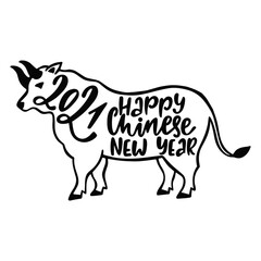 Happy Chinese New Year typography design. 2021 year of the Ox lettering in the bull silhouette.