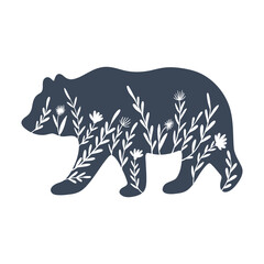 Floral bear silhouette vector illustration. Inverted monochrome design.