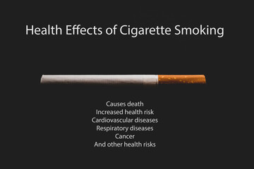 Cigarette on a dark background and text on the health effects of cigarette smoking. Warning about the dangers of smoking