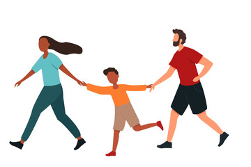 A family runs together holding hands on a white isolated background. Father, mother and son play sports together. Flat vector illustration.