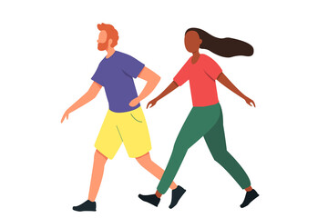 Fototapeta na wymiar Beautiful couple running together. Man and woman walking. Flat vector illustration on a white isolated background.