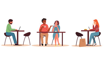 A set of people sitting at a table in a cafe or restaurant. Men and women drink coffee or tea, talk, work on a laptop and phone. Flat vector illustration on a white isolated background.