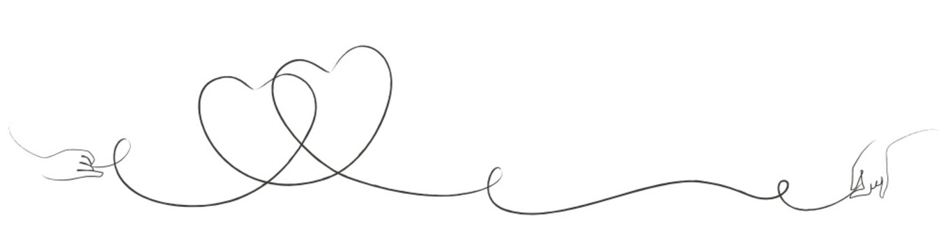 Hand drawn line art with two hearts and two hands drawing the lines 