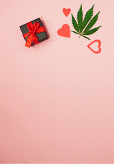 Valentine's day banner. Cannabis leaf flat lay. Heart shape. Marijuana gift for lovers. Copy space....
